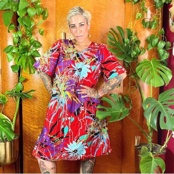 SEARS ROEBUCK 60’s 60s Vintage 70s DEADSTOCK Polished Cotton Hawaiian Dress L XL - Picture 5 of 9